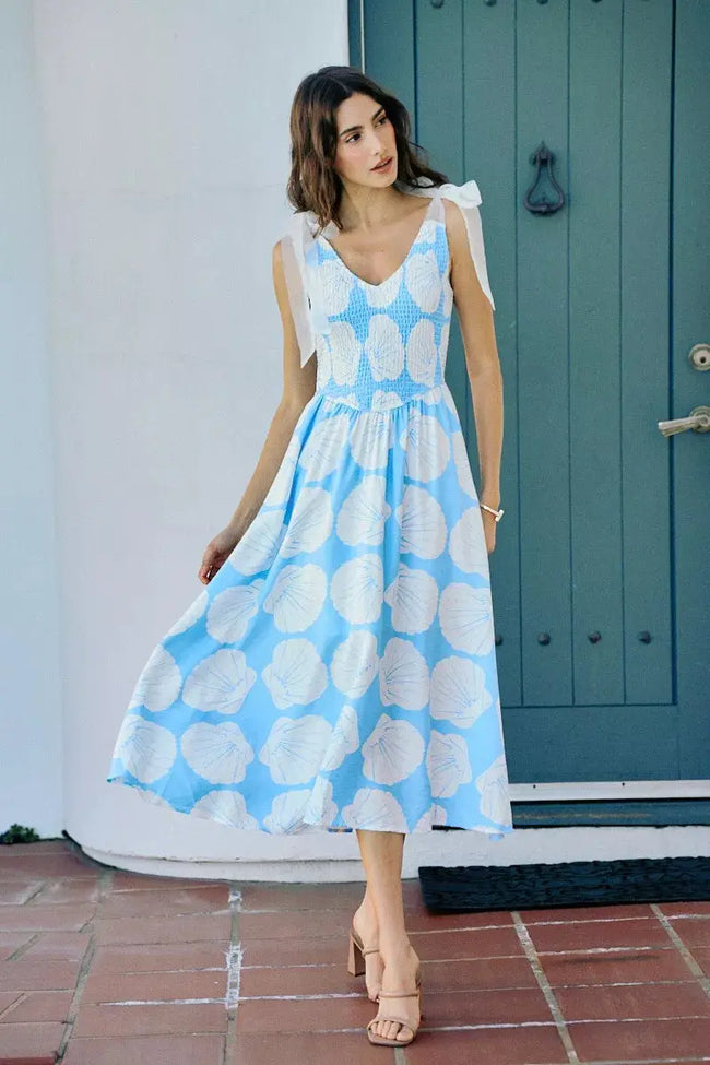 SO ME Shell Smocked Bodice Shoulder Tie Lined Midi Dress  Style Ratio