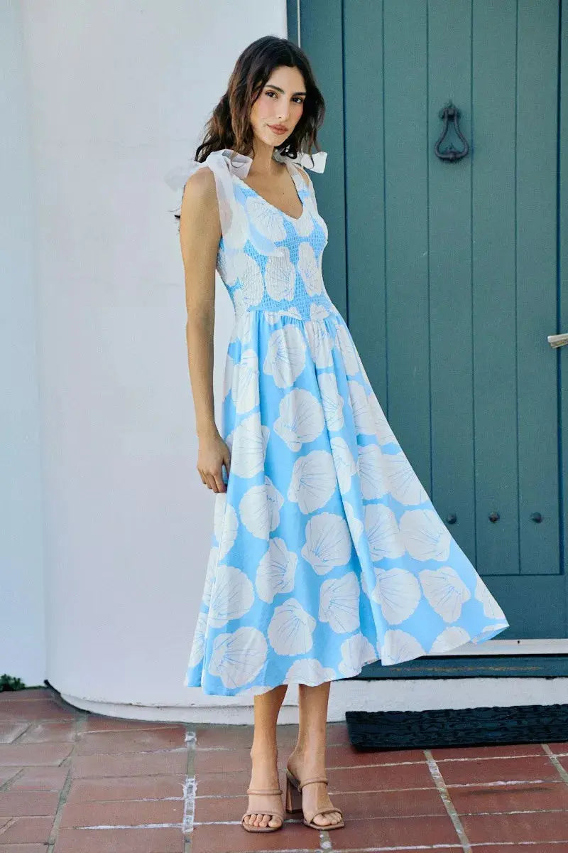 SO ME Shell Smocked Bodice Shoulder Tie Lined Midi Dress  Style Ratio