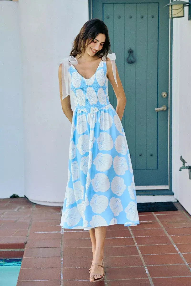 SO ME Shell Smocked Bodice Shoulder Tie Lined Midi Dress  Style Ratio