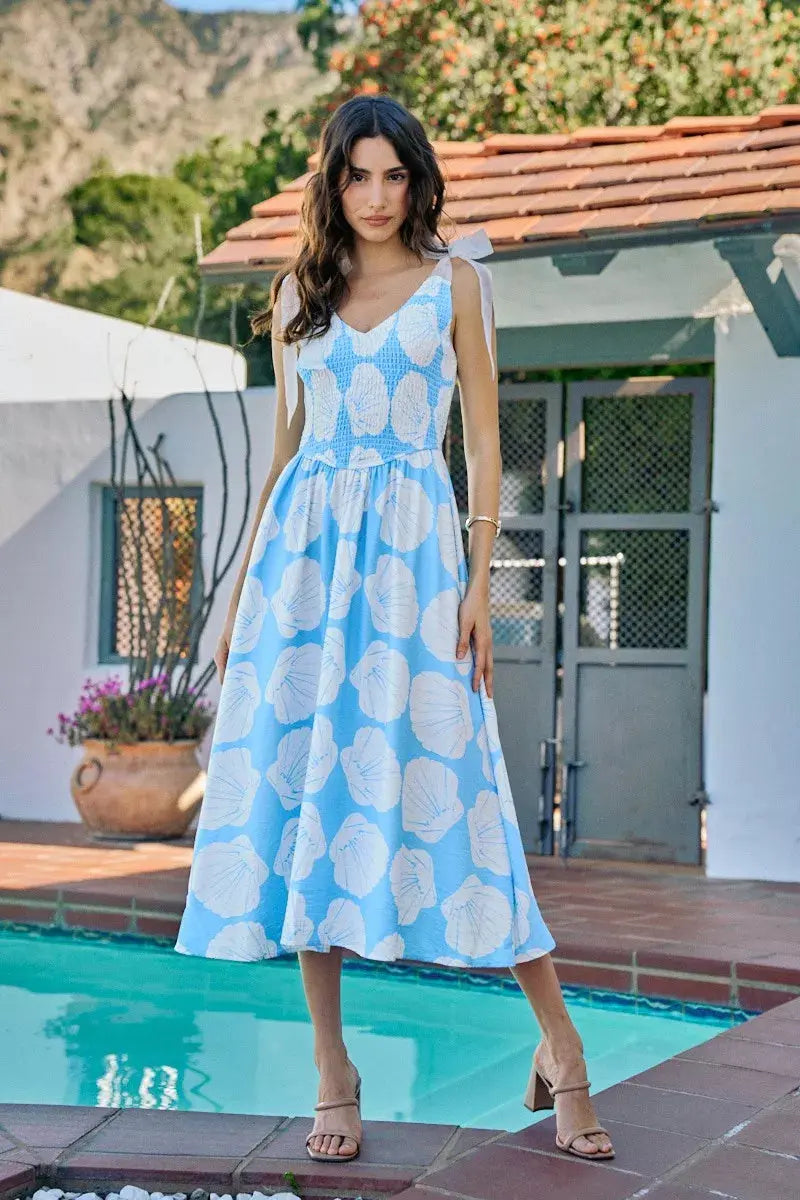 SO ME Shell Smocked Bodice Shoulder Tie Lined Midi Dress  Style Ratio
