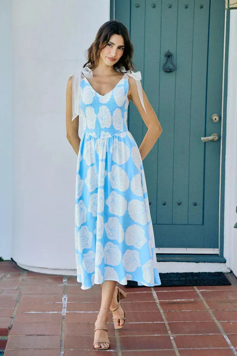SO ME Shell Smocked Bodice Shoulder Tie Lined Midi Dress  Style Ratio