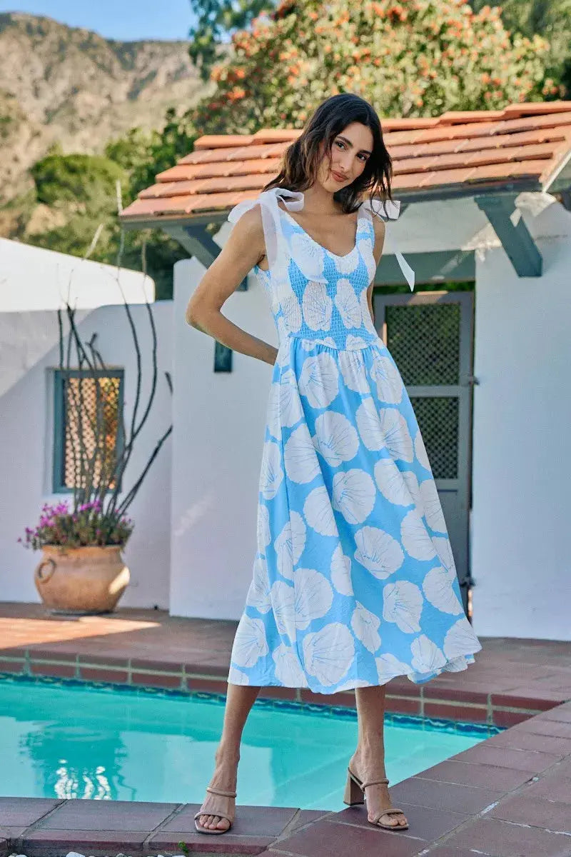 SO ME Shell Smocked Bodice Shoulder Tie Lined Midi Dress  Style Ratio