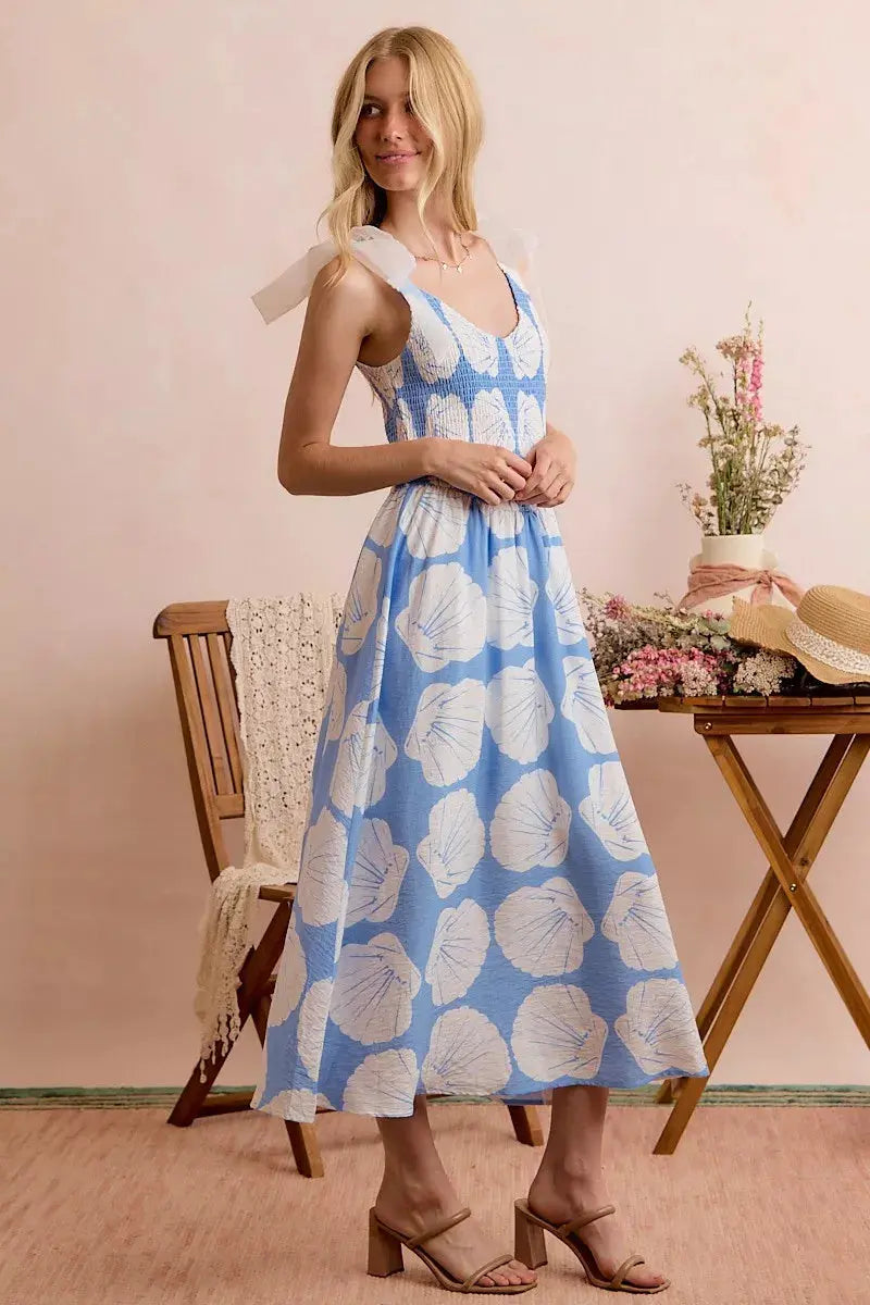 SO ME Shell Smocked Bodice Shoulder Tie Lined Midi Dress  Style Ratio