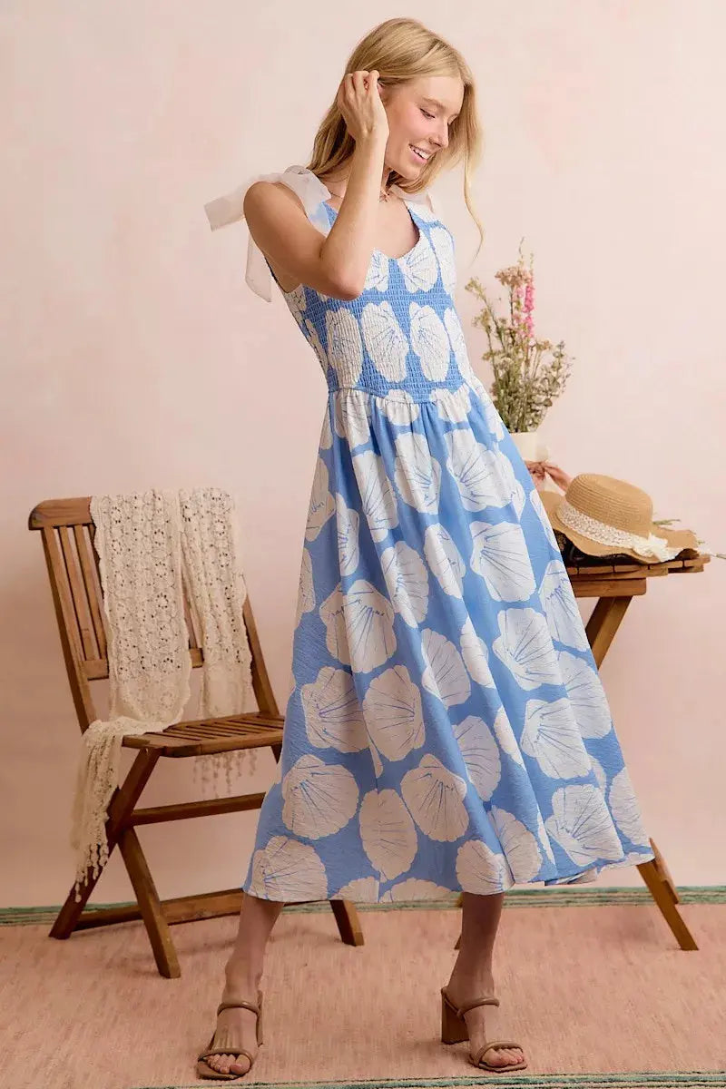 SO ME Shell Smocked Bodice Shoulder Tie Lined Midi Dress  Style Ratio