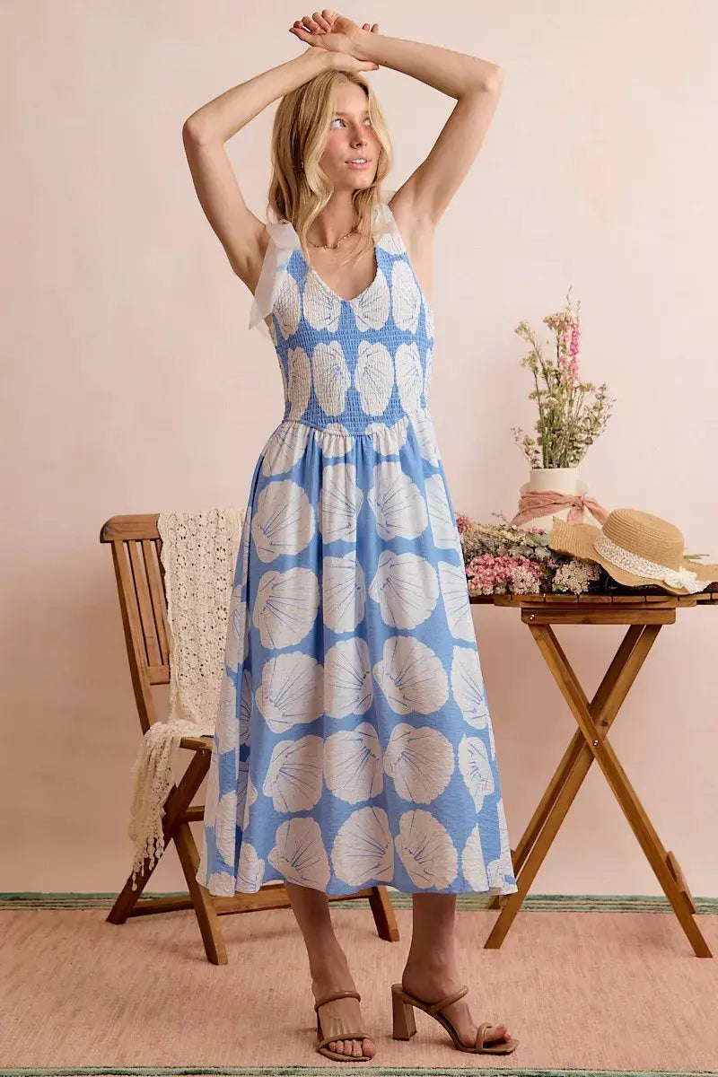 SO ME Shell Smocked Bodice Shoulder Tie Lined Midi Dress  Style Ratio