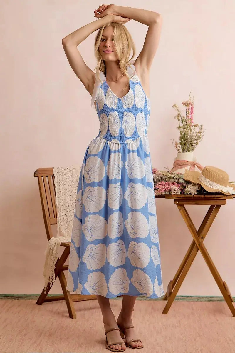 SO ME Shell Smocked Bodice Shoulder Tie Lined Midi Dress  Style Ratio
