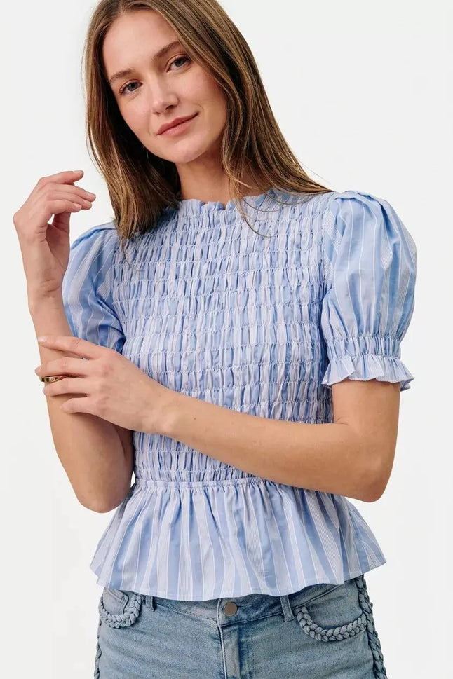 SO ME Stripe Smocked Bodice Puff Sleeves Blouse Top  Style Ratio