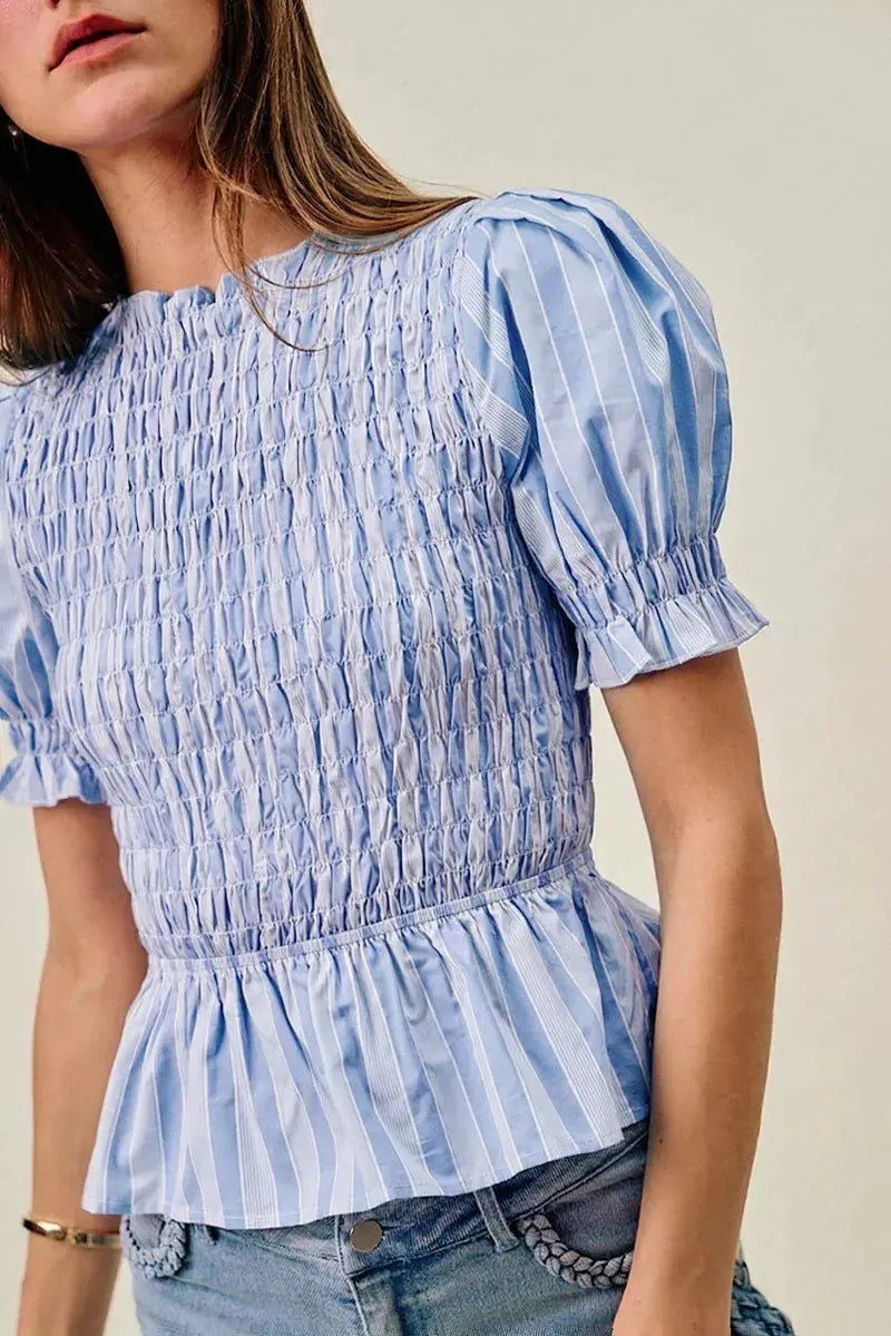 SO ME Stripe Smocked Bodice Puff Sleeves Blouse Top  Style Ratio