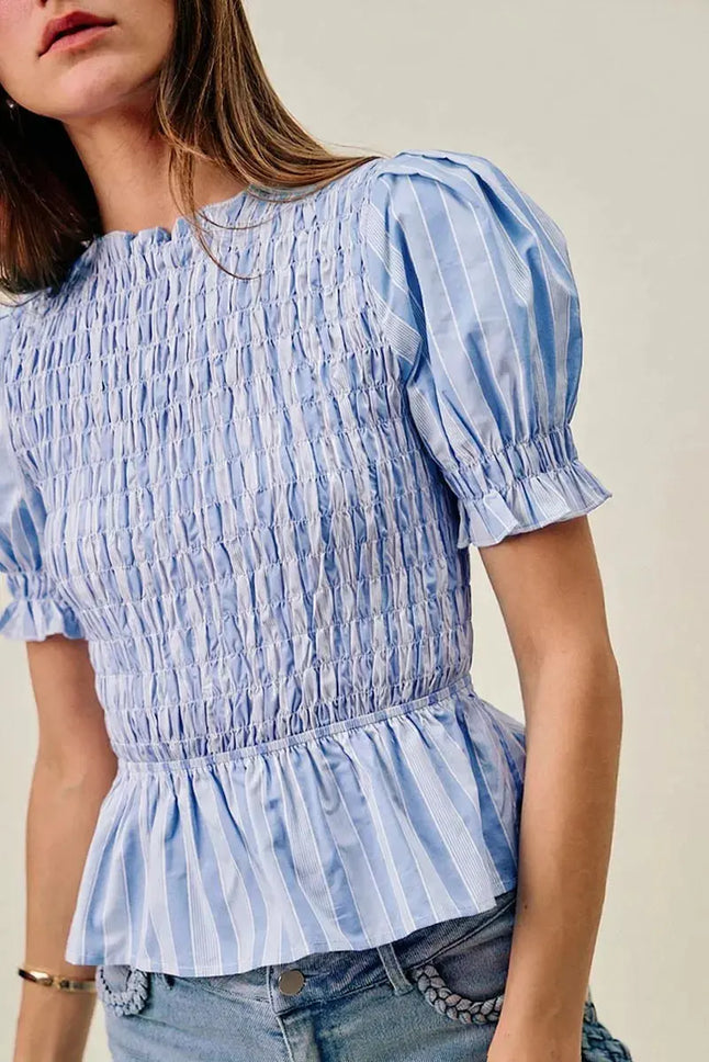 SO ME Stripe Smocked Bodice Puff Sleeves Blouse Top  Style Ratio