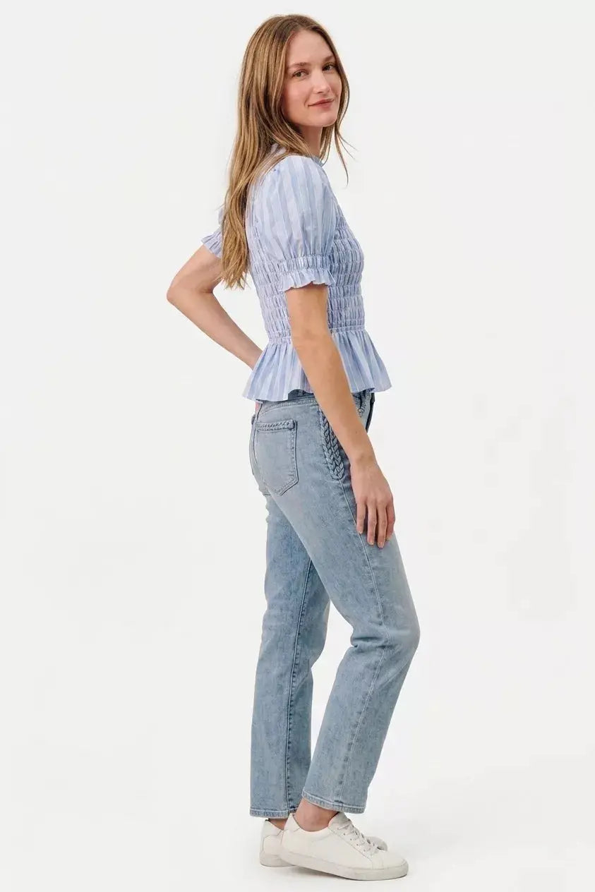 SO ME Stripe Smocked Bodice Puff Sleeves Blouse Top  Style Ratio