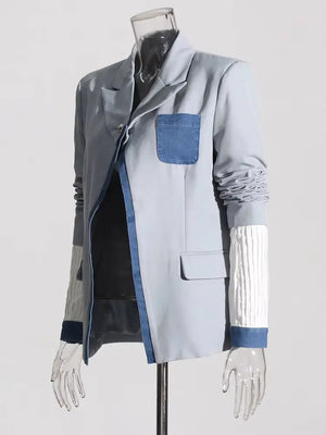 Denim Color Block Chic Blazers with Notched Collar  Style Ratio