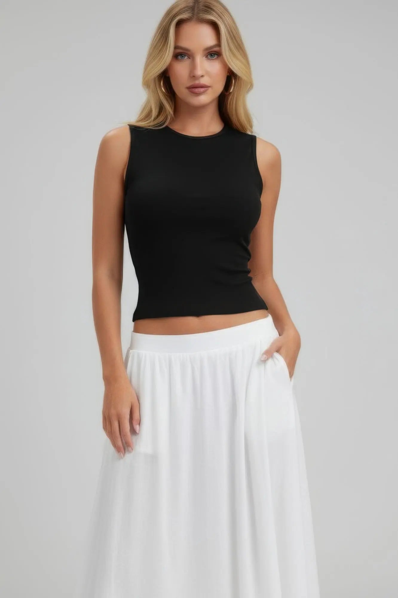 Sleeveless Mock Neck Top With Adjustable Side Slit Tie  Style Ratio