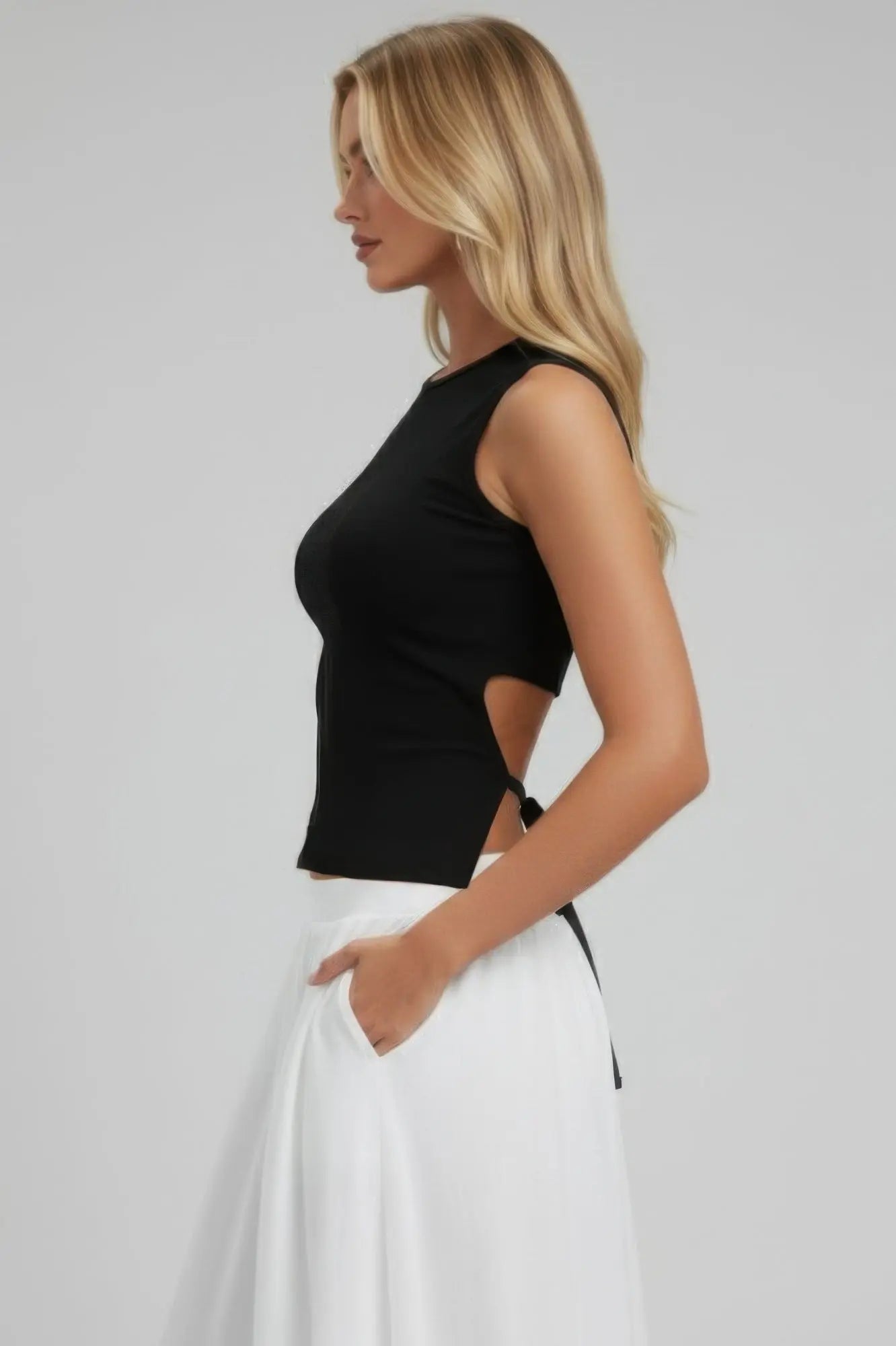 Sleeveless Mock Neck Top With Adjustable Side Slit Tie  Style Ratio