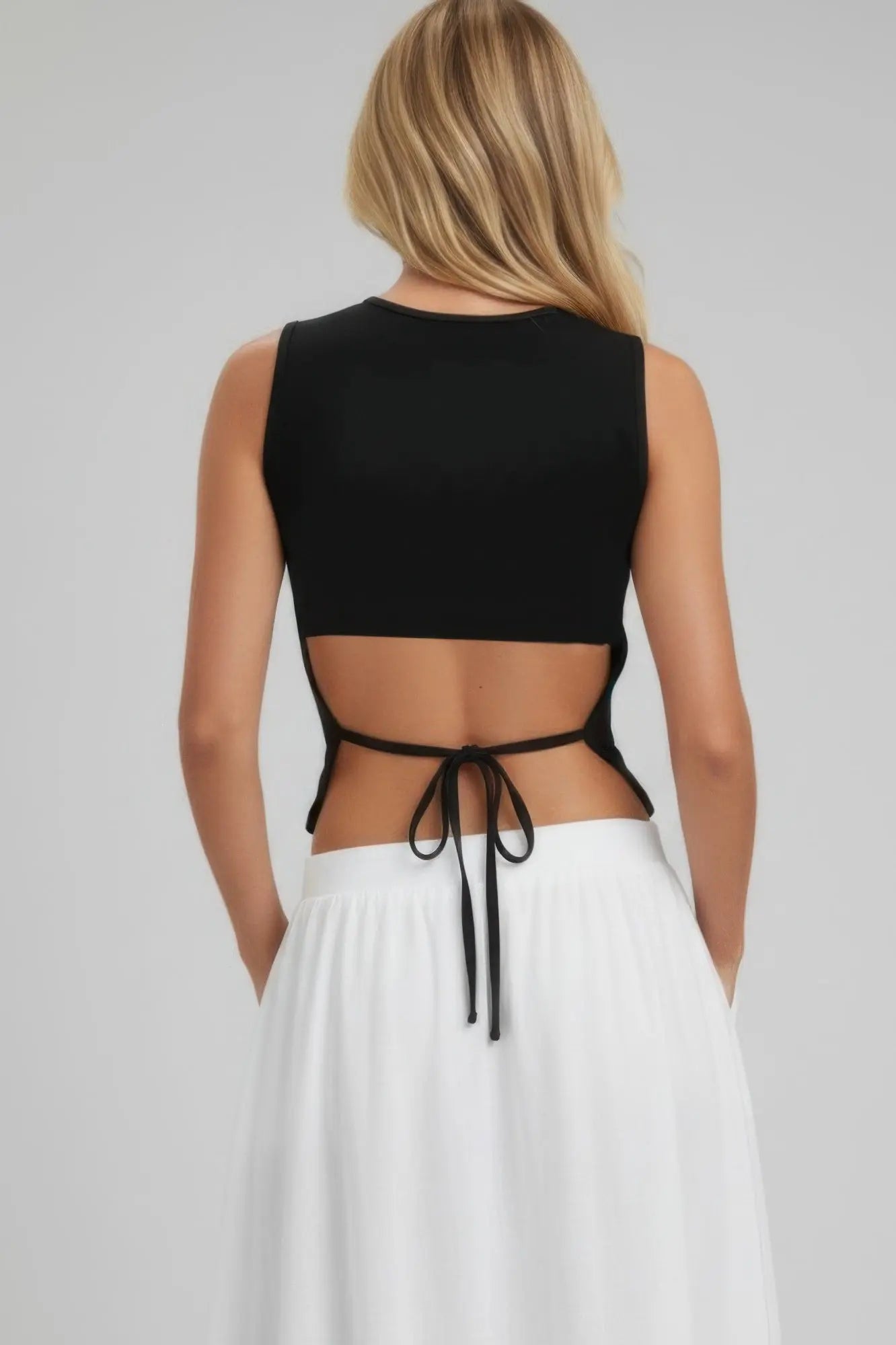Sleeveless Mock Neck Top With Adjustable Side Slit Tie  Style Ratio