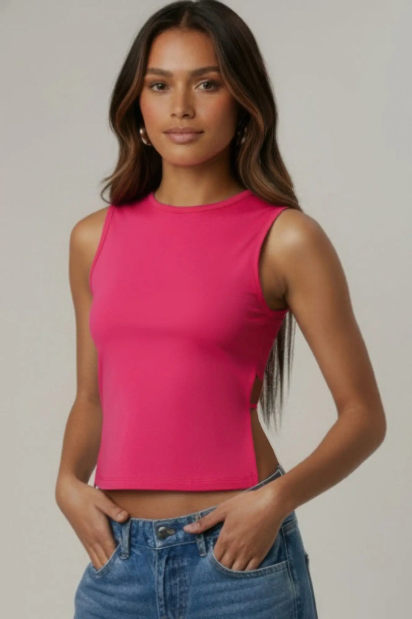 Sleeveless Mock Neck Top With Adjustable Side Slit Tie  Style Ratio