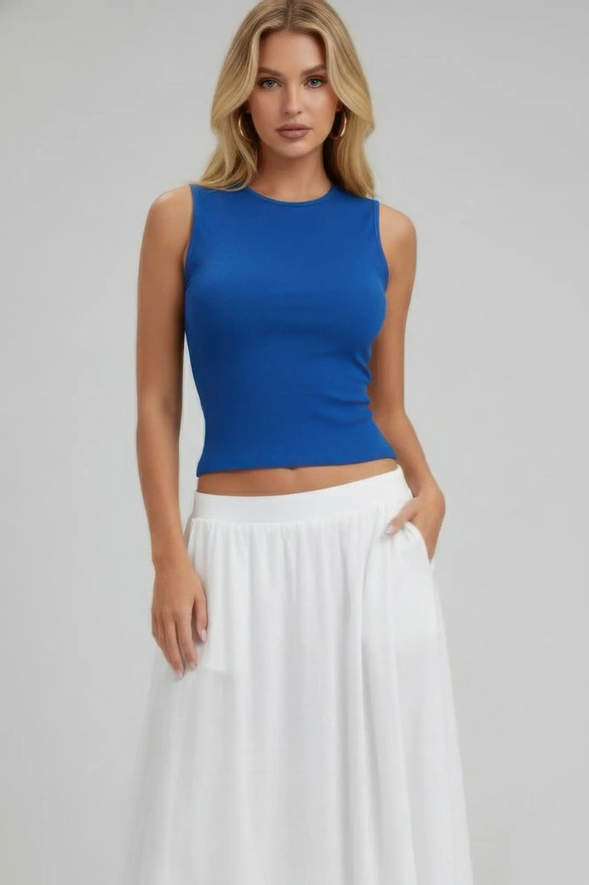 Sleeveless Mock Neck Top With Adjustable Side Slit Tie  Style Ratio