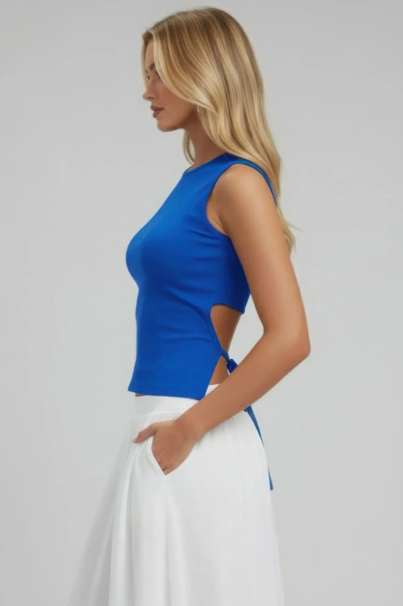 Sleeveless Mock Neck Top With Adjustable Side Slit Tie  Style Ratio