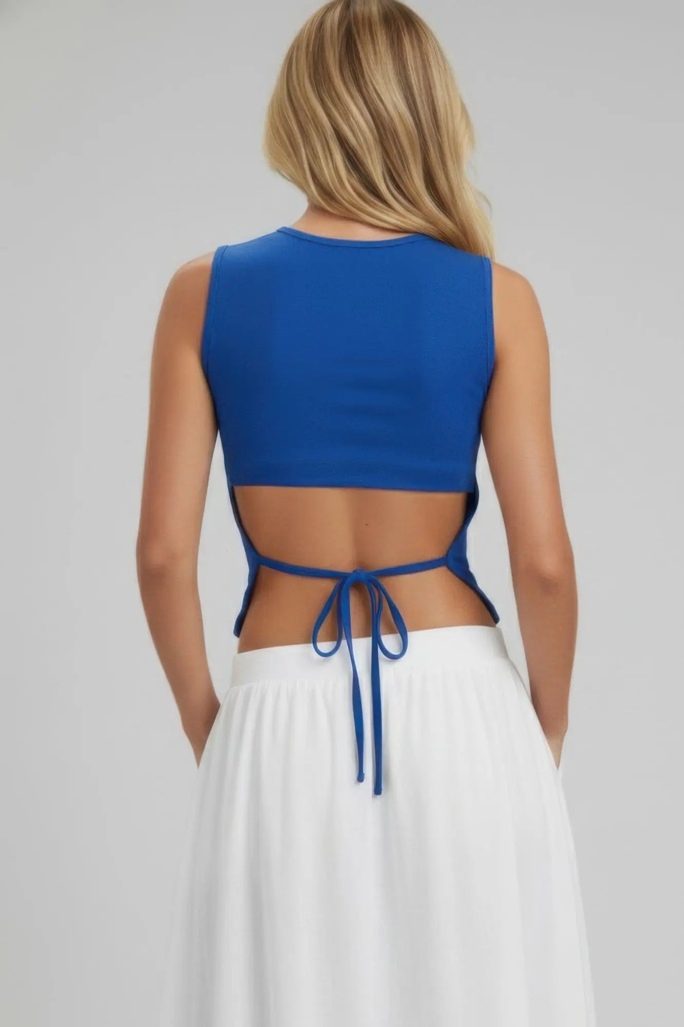 Sleeveless Mock Neck Top With Adjustable Side Slit Tie  Style Ratio