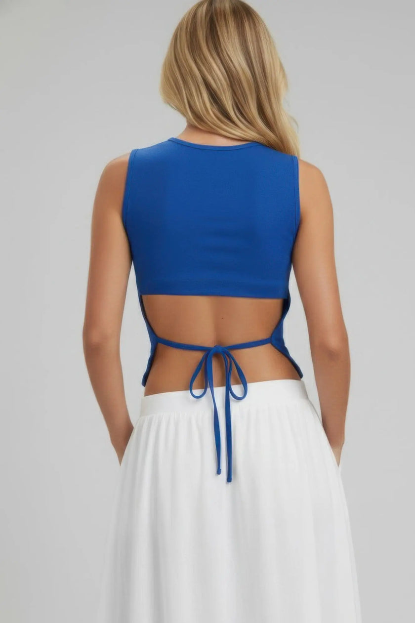 Sleeveless Mock Neck Top With Adjustable Side Slit Tie  Style Ratio