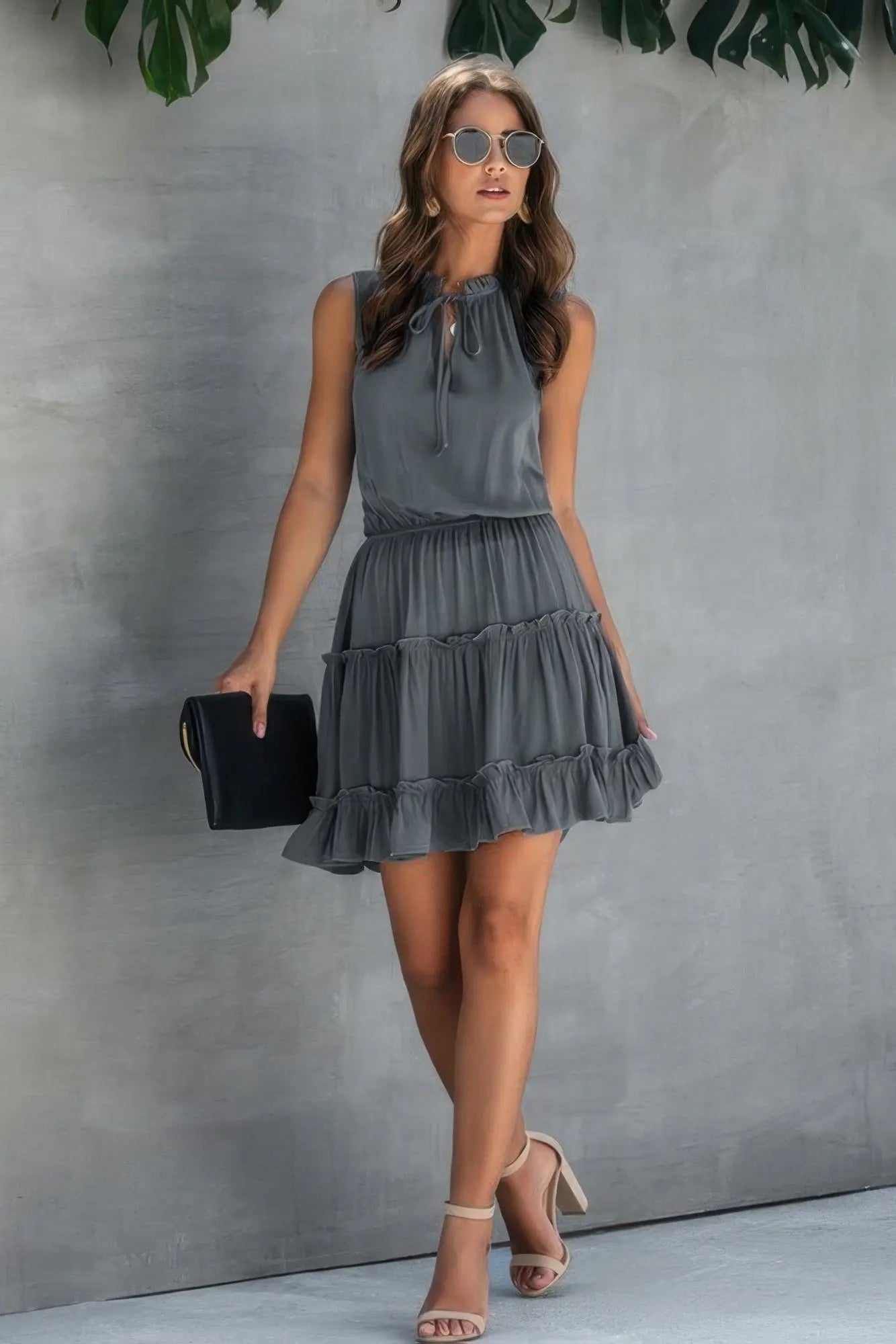 Sleeveless Tie Neck Frill Trim Tiered Layer Dress  Style Ratio