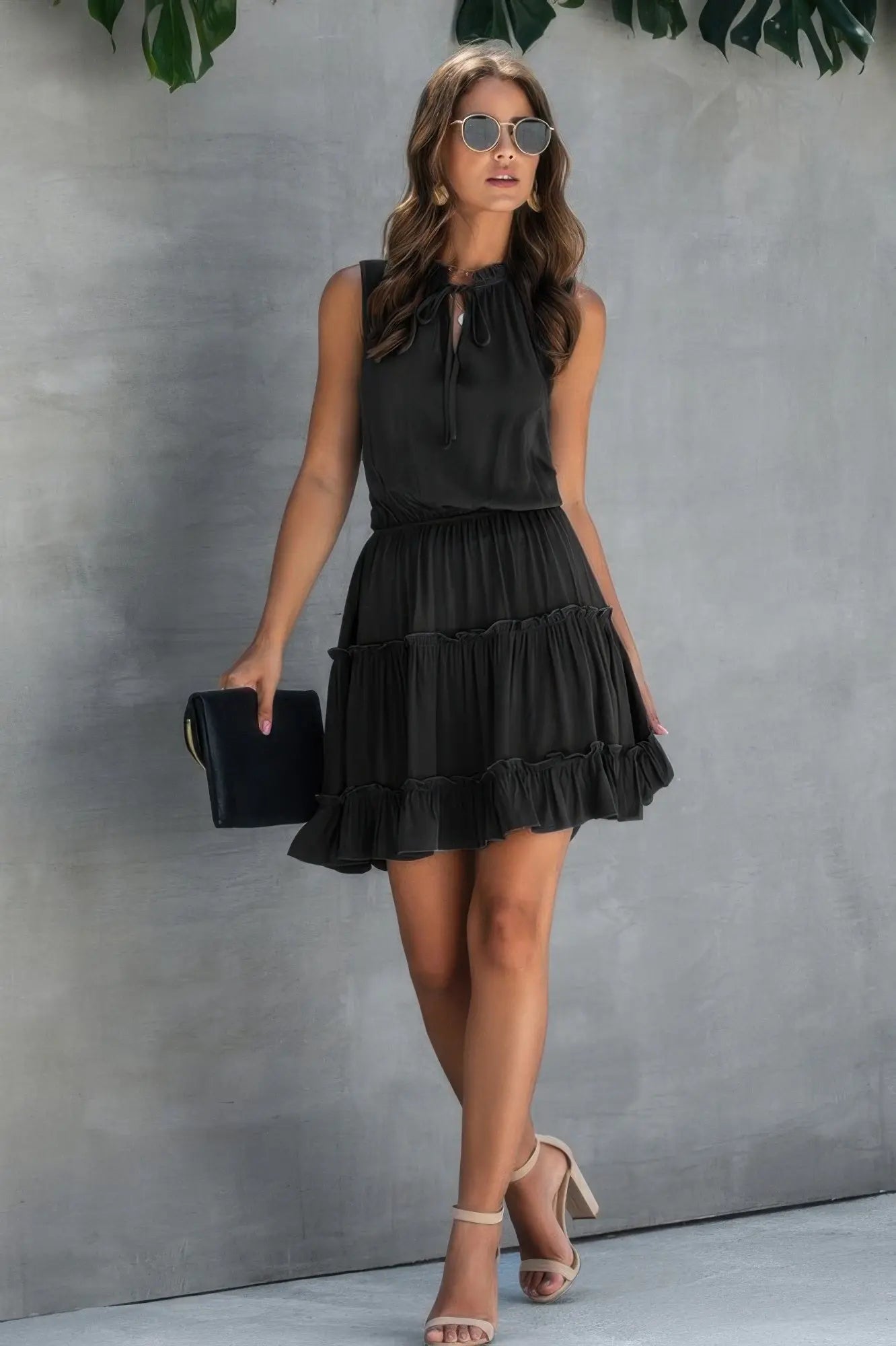 Sleeveless Tie Neck Frill Trim Tiered Layer Dress  Style Ratio