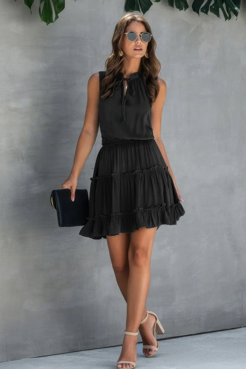 Sleeveless Tie Neck Frill Trim Tiered Layer Dress  Style Ratio