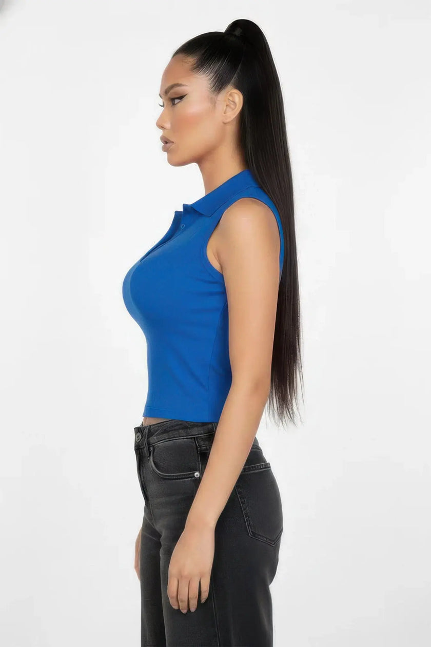 Slim-fit Sleeveless Polo Collar Crop Top  Style Ratio