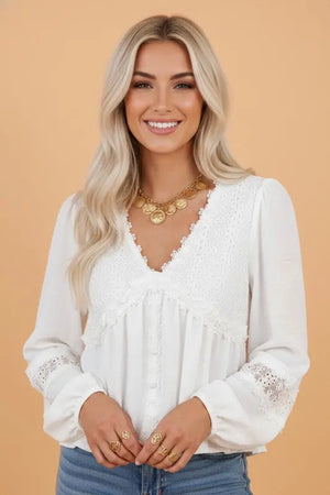 Solid Floral Lace Frilled Long Sleeve Blouse  Style Ratio