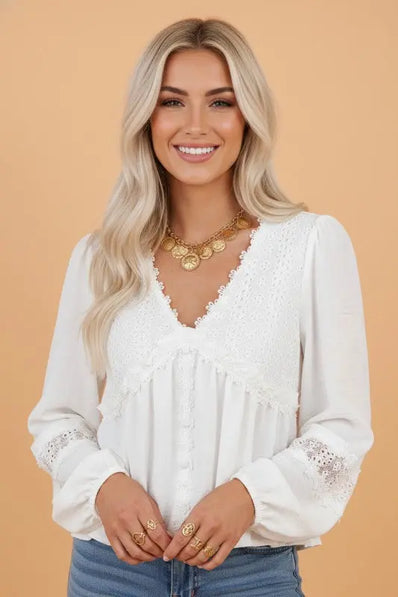 Solid Floral Lace Frilled Long Sleeve Blouse  Style Ratio
