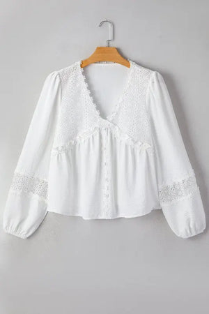 Solid Floral Lace Frilled Long Sleeve Blouse  Style Ratio