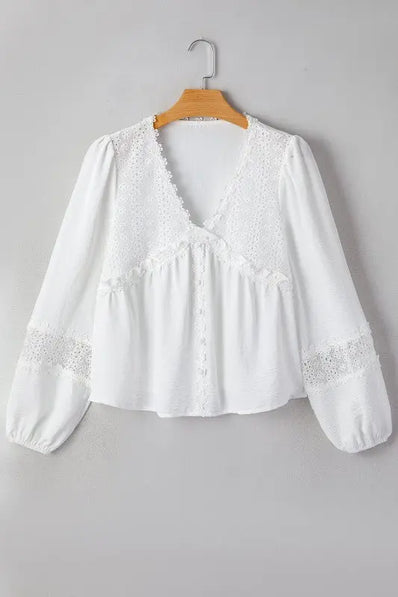 Solid Floral Lace Frilled Long Sleeve Blouse  Style Ratio