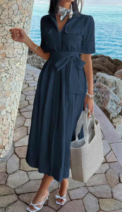 Solid Pocket Turn Down Collar A Line Dress  Style Ratio