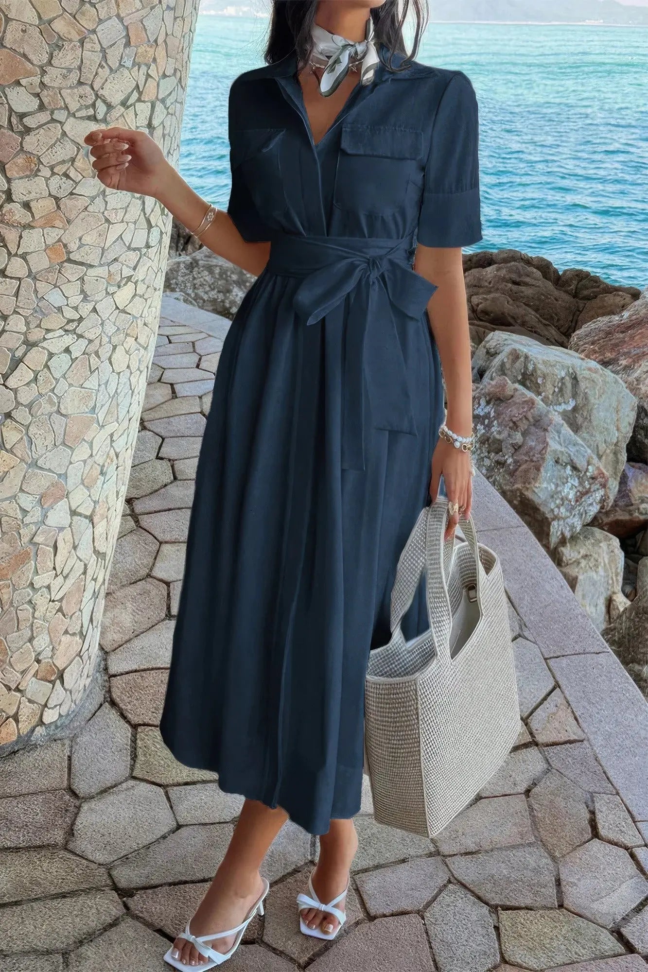 Solid Pocket Turn Down Collar A Line Dress  Style Ratio
