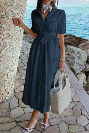 Solid Pocket Turn Down Collar A Line Dress  Style Ratio