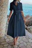 Solid Pocket Turn Down Collar A Line Dress  Style Ratio