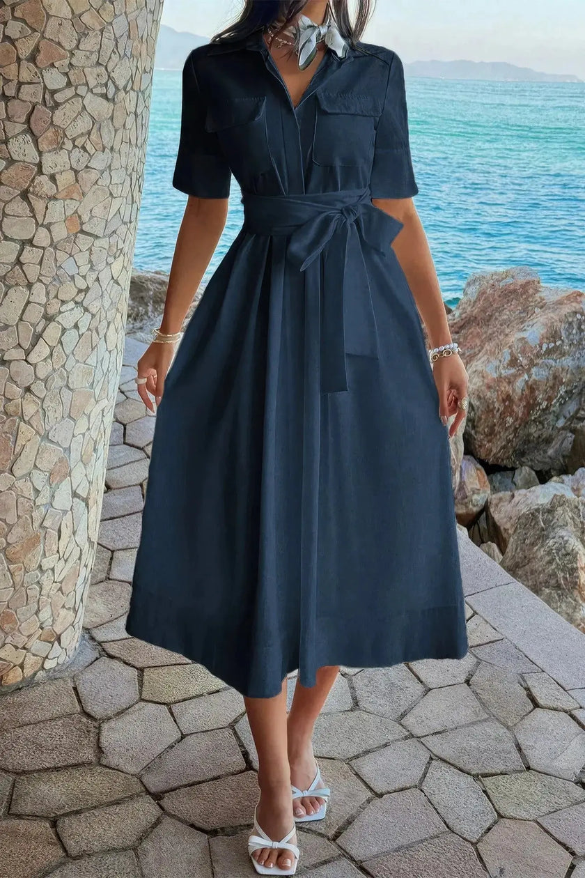 Solid Pocket Turn Down Collar A Line Dress  Style Ratio