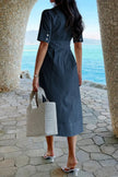 Solid Pocket Turn Down Collar A Line Dress  Style Ratio