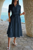 Solid Pocket Turn Down Collar A Line Dress  Style Ratio