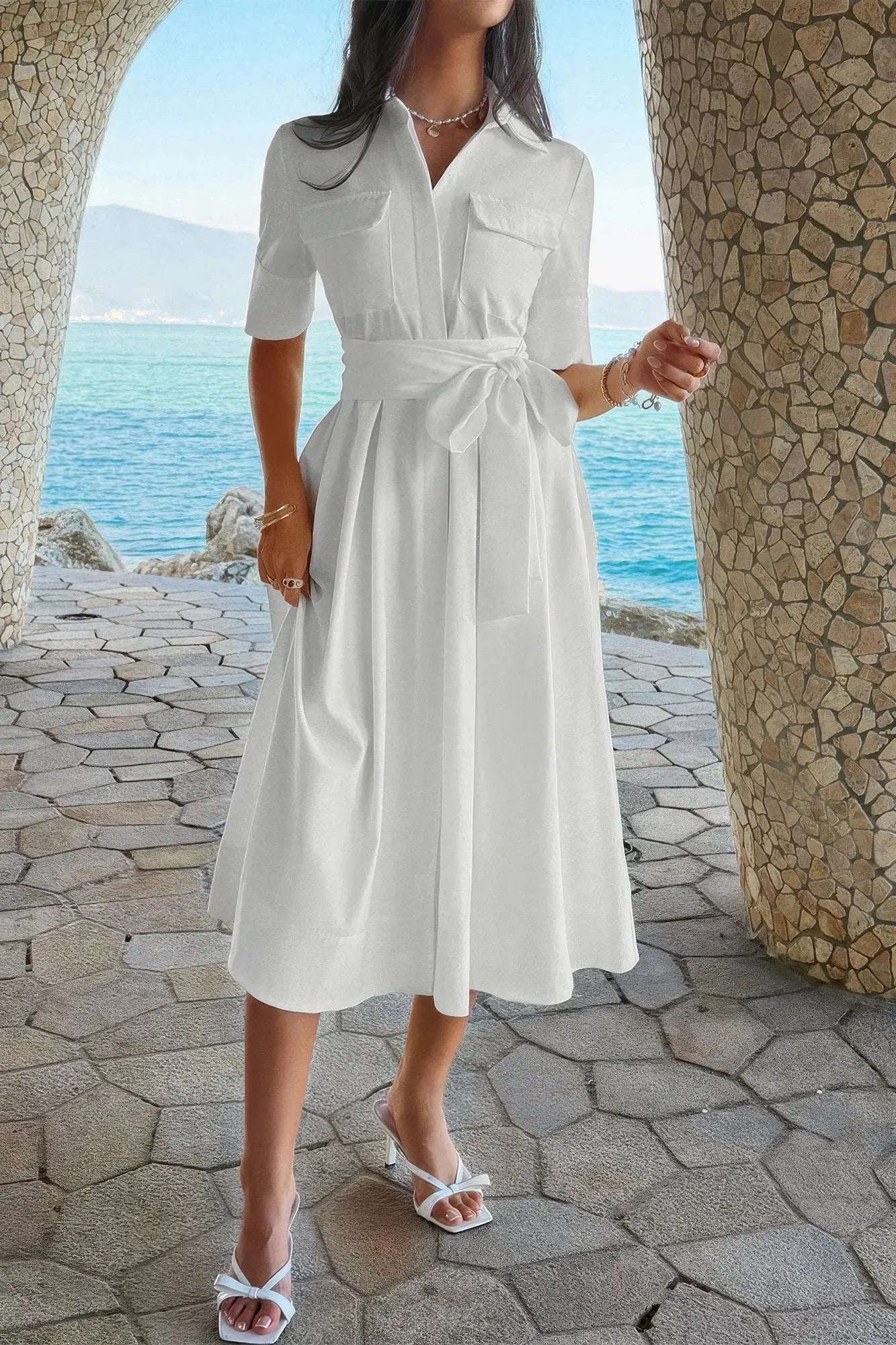 Solid Pocket Turn Down Collar A Line Dress  Style Ratio