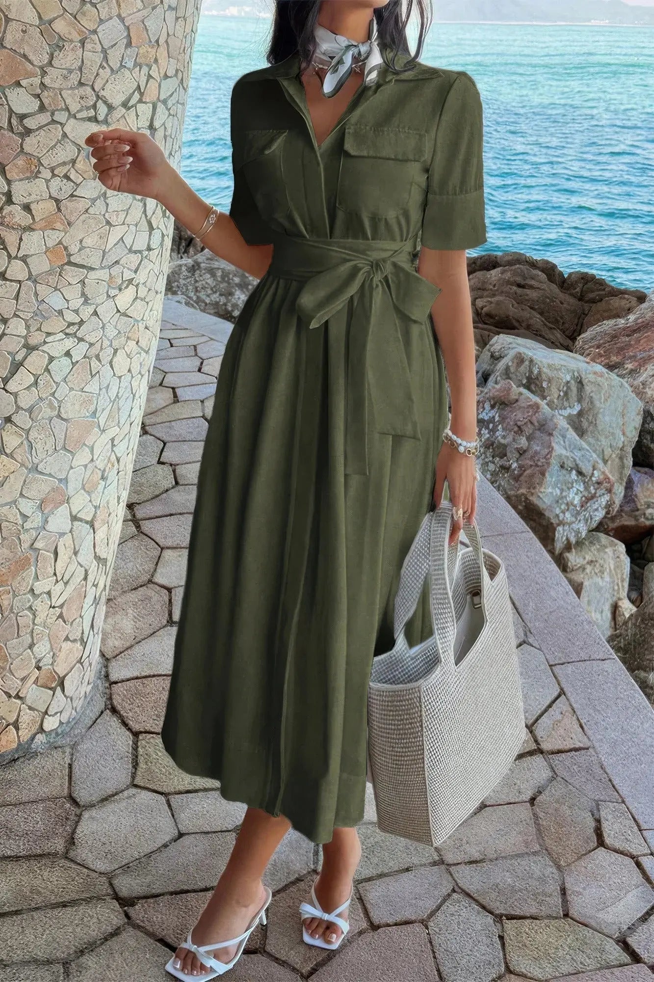 Solid Pocket Turn Down Collar A Line Dress  Style Ratio
