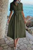 Solid Pocket Turn Down Collar A Line Dress  Style Ratio