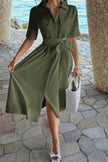 Solid Pocket Turn Down Collar A Line Dress  Style Ratio