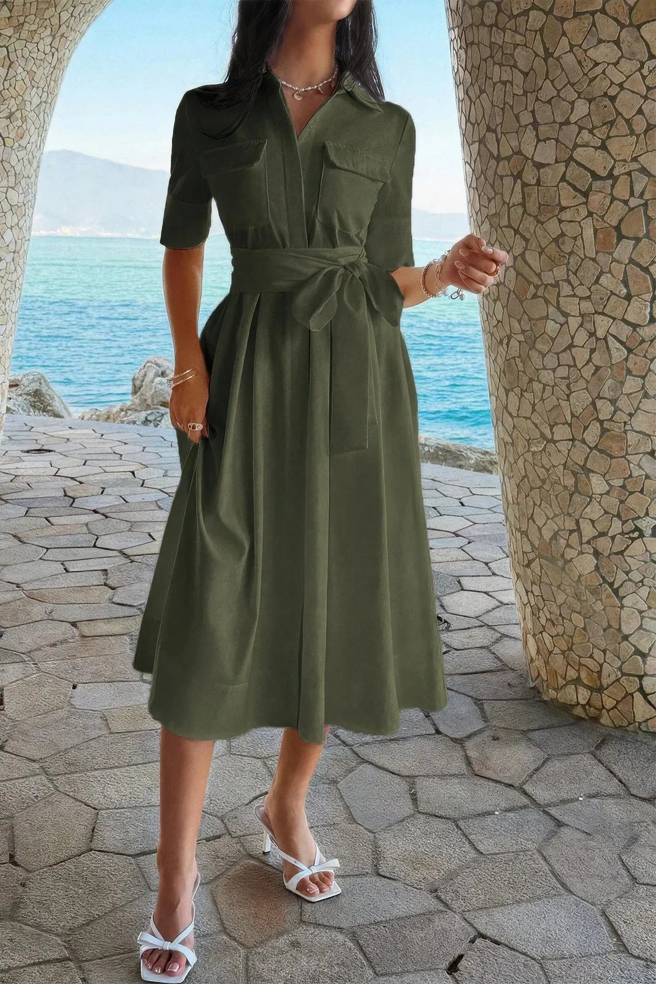 Solid Pocket Turn Down Collar A Line Dress  Style Ratio