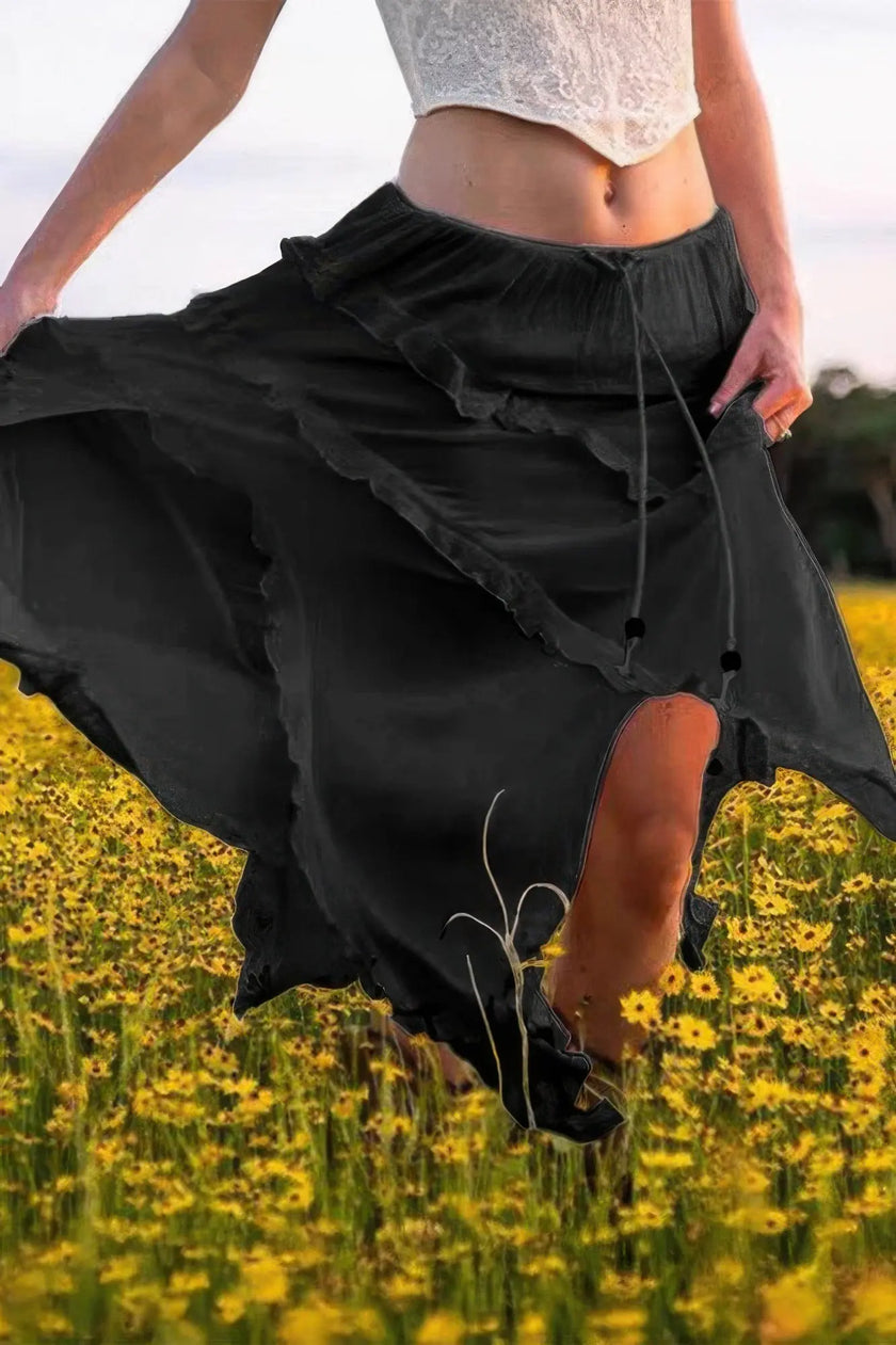 Solid Ruffle Drawstring Waist Asymmetry Hem Skirt  Style Ratio