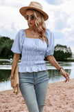 Solid Square Neck Shirred Flounce Sleeve Peplum Blouse  Style Ratio