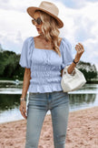 Solid Square Neck Shirred Flounce Sleeve Peplum Blouse  Style Ratio