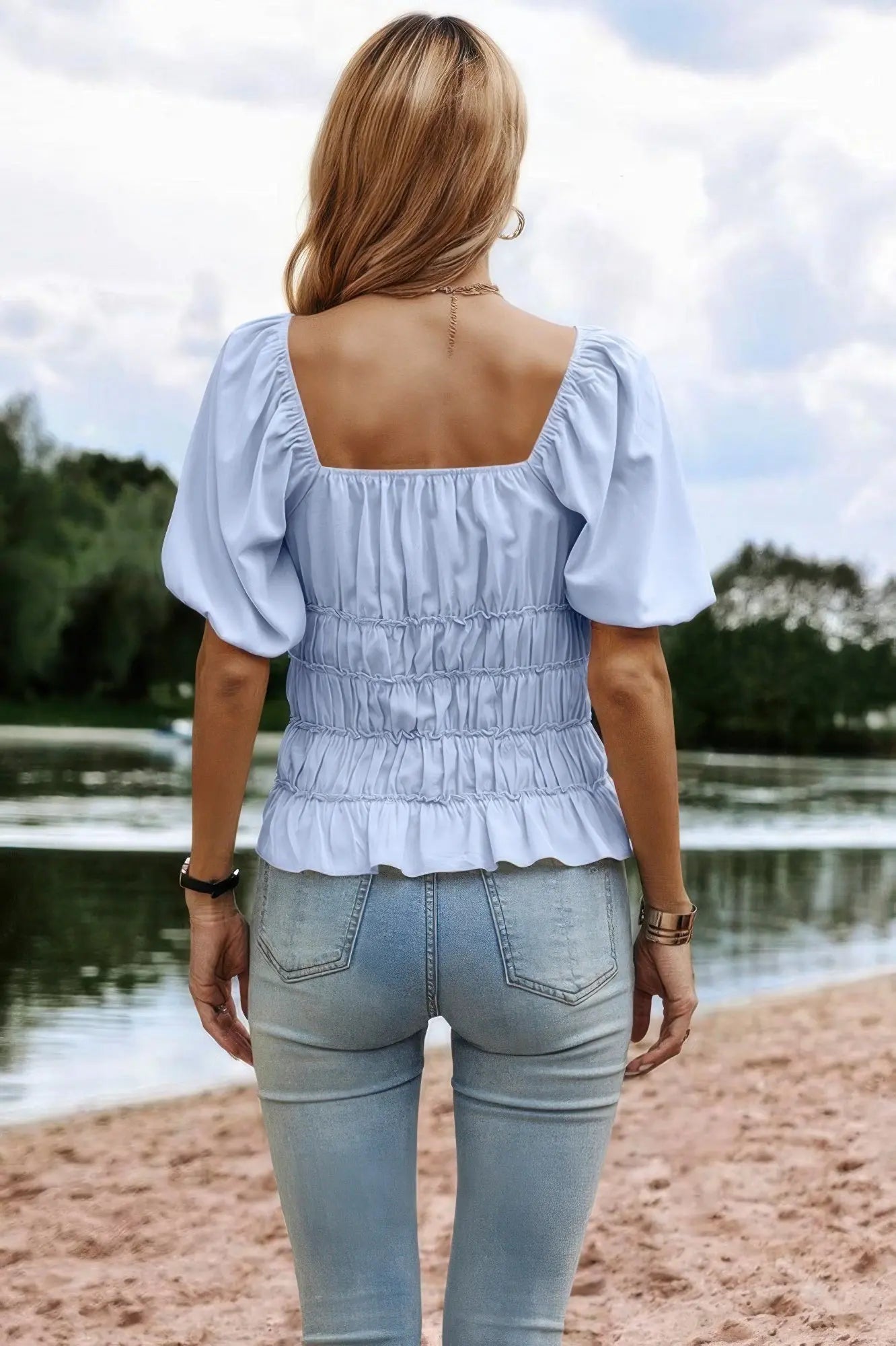 Solid Square Neck Shirred Flounce Sleeve Peplum Blouse  Style Ratio