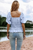 Solid Square Neck Shirred Flounce Sleeve Peplum Blouse  Style Ratio