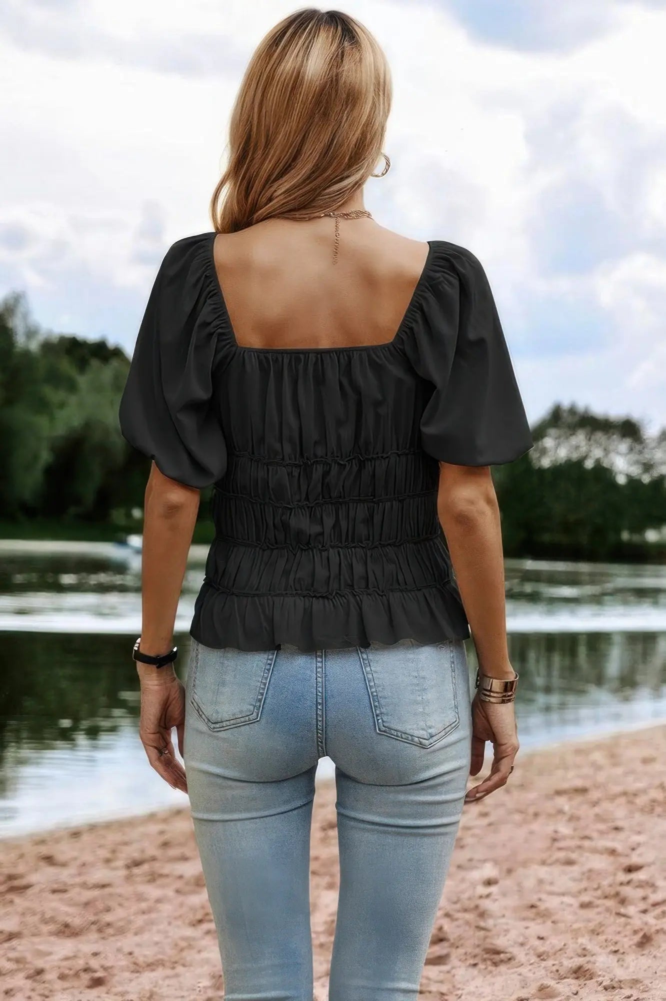 Solid Square Neck Shirred Flounce Sleeve Peplum Blouse  Style Ratio