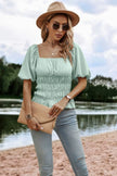 Solid Square Neck Shirred Flounce Sleeve Peplum Blouse  Style Ratio
